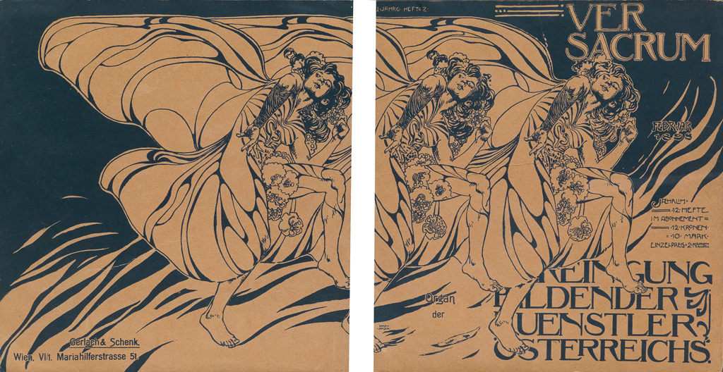 KOLOMAN MOSER (1868-1918). VER SACRUM. Magazine front and back covers. February, 1898. 11x21 inches, 29x55 cm. Gerlach & Schenk, Vienna